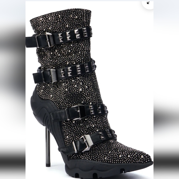 AZALEA WANG EMBELLISHED BOOTIE Studded Black Zippered High Heel Boots 9 - Picture 1 of 16